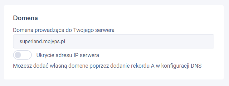 Zrzut ekranu z panelu po utworzeniu domeny